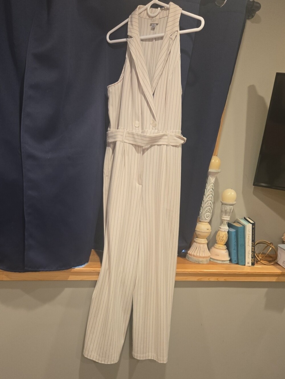 XL-  Cream Pinstripe Sleeveless Belted Jumpsuit - Worn once!